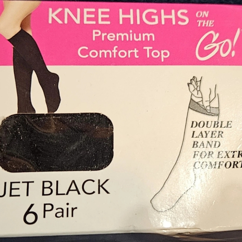**6 Pair On The Go! Knee Highs Jet Black New In Box